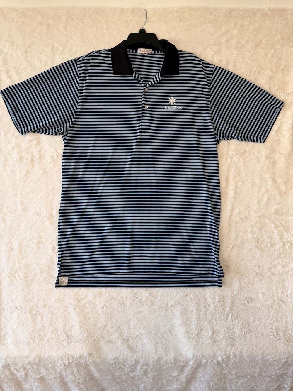 Peter Millar Summer Comfort Men XL Blue Black Striped Barclays Golf Polo Shirt